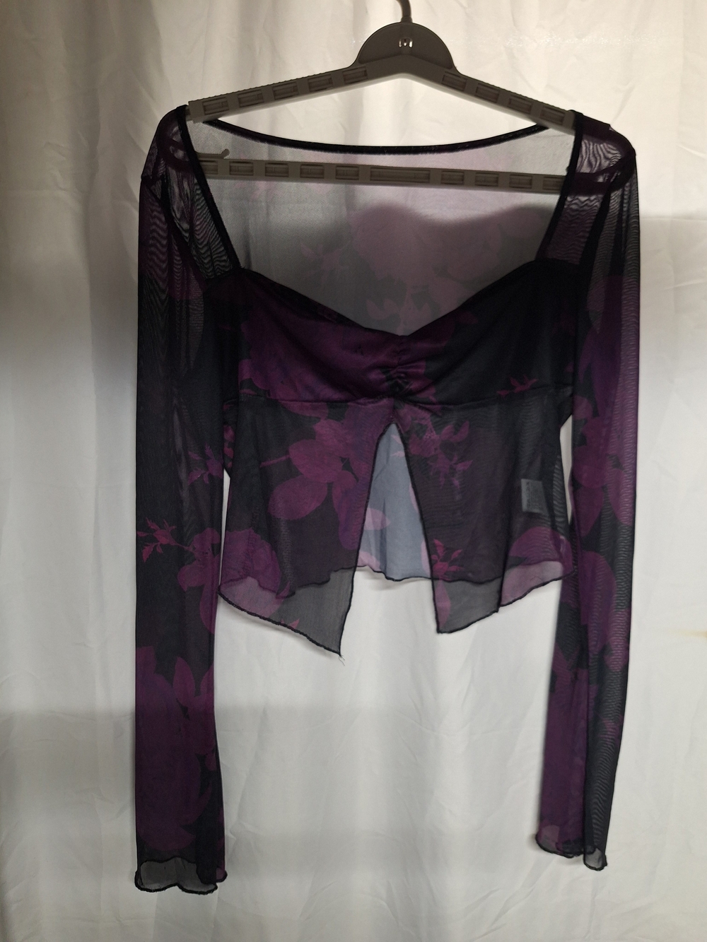 Sheer Long-Sleeve Floral Mesh Top in Purple